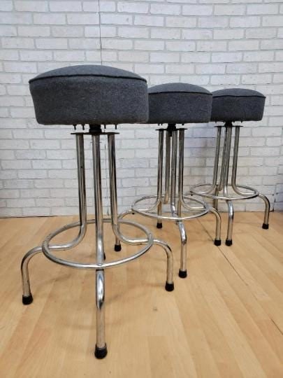 Vintage Industrial Swivel Bar Stools Newly Reupholstered in a Charcoal Wool - 3 Piece Set - 5