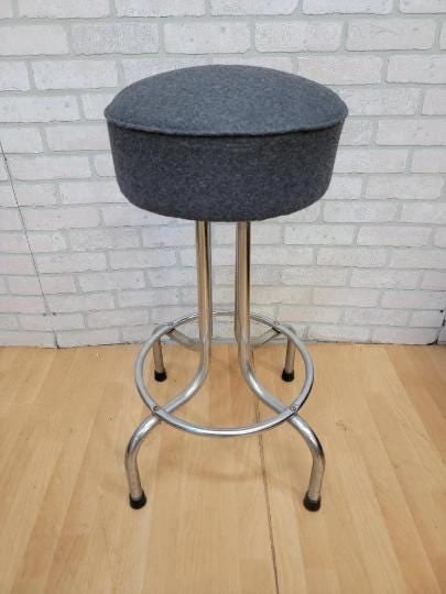 Vintage Industrial Swivel Bar Stools Newly Reupholstered in a Charcoal Wool - 3 Piece Set - 6