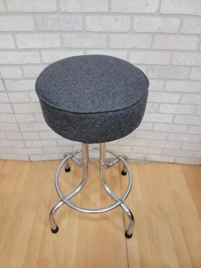 Vintage Industrial Swivel Bar Stools Newly Reupholstered in a Charcoal Wool - 3 Piece Set - 7