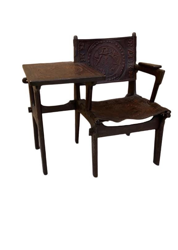 Vintage Tooled Leather Primitive Gossip Chair by Angel Pazmino - 2