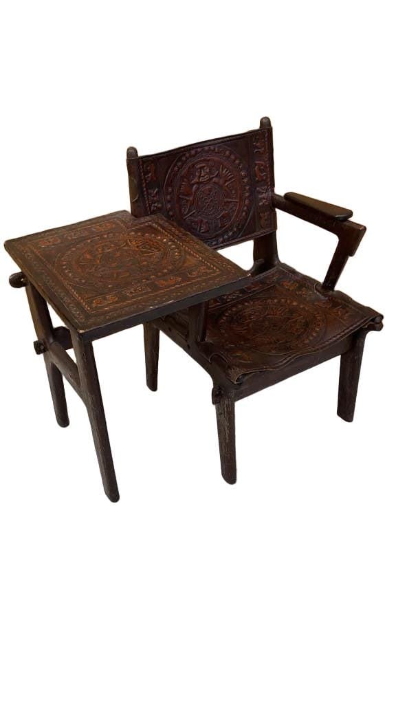 Vintage Tooled Leather Primitive Gossip Chair by Angel Pazmino - 4