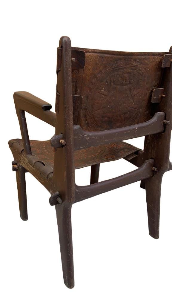 Vintage Tooled Leather Primitive Gossip Chair by Angel Pazmino - 5