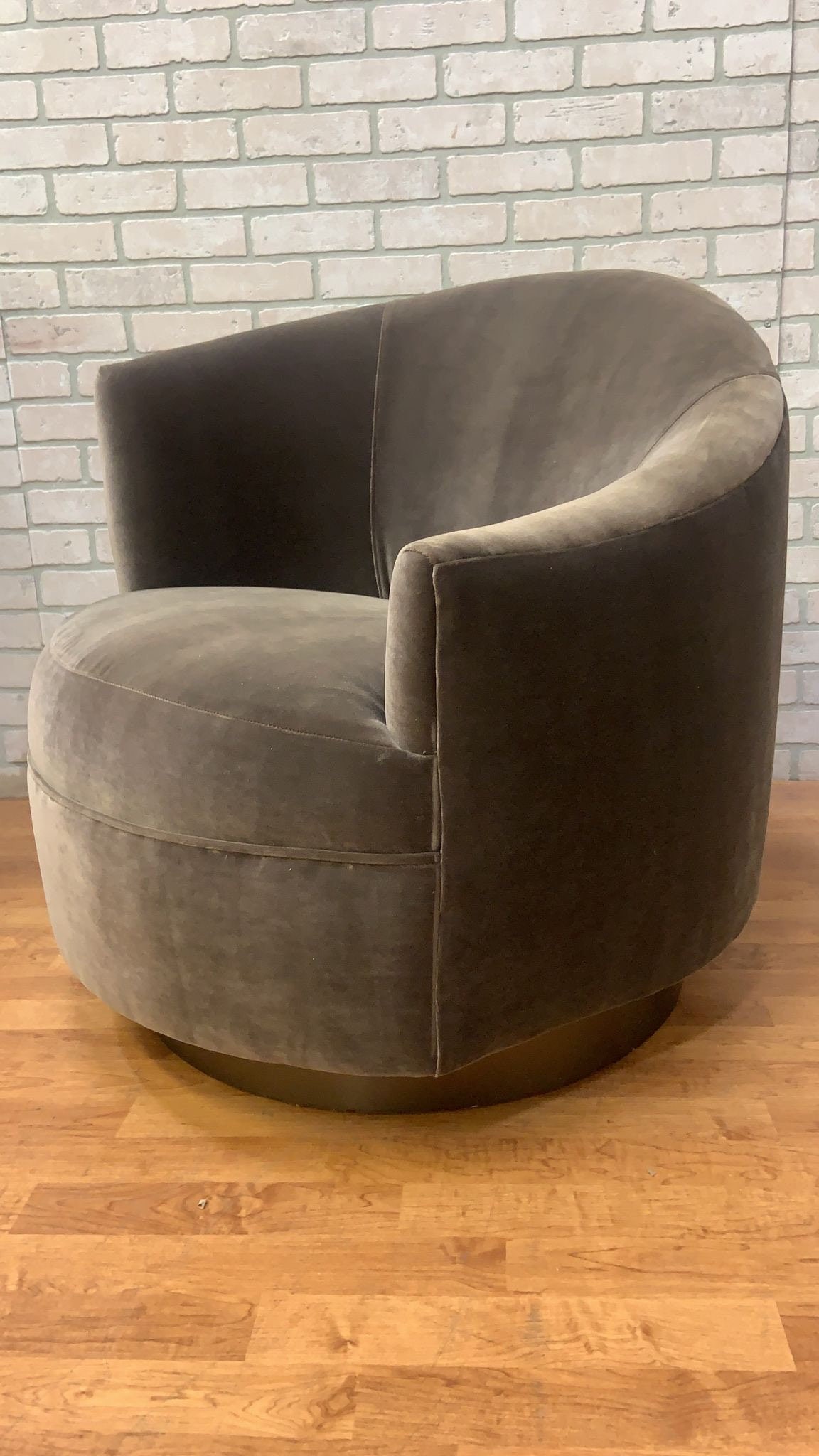 Postmodern Asymmetrical Barrel Back Swivel Chairs Newly Reupholstered in Grey Velvet on a Bronze - 4