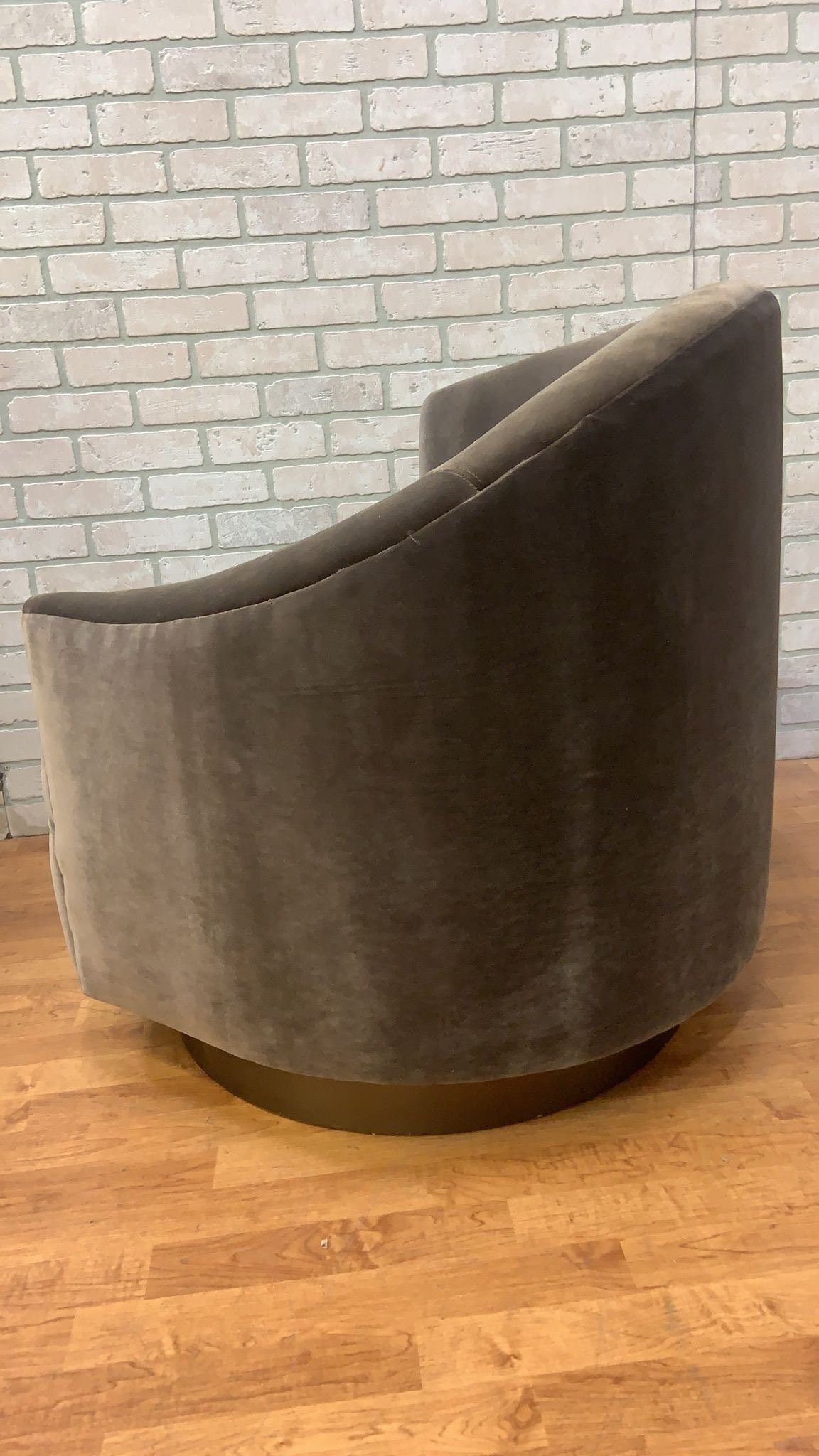 Postmodern Asymmetrical Barrel Back Swivel Chairs Newly Reupholstered in Grey Velvet on a Bronze - 7