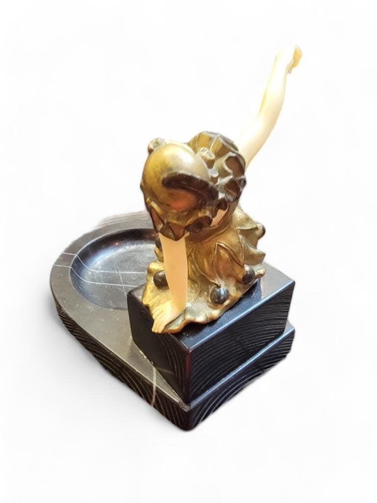 Antique French Art Deco Harlequin Posing Marble Pedestal Ashtray - 4