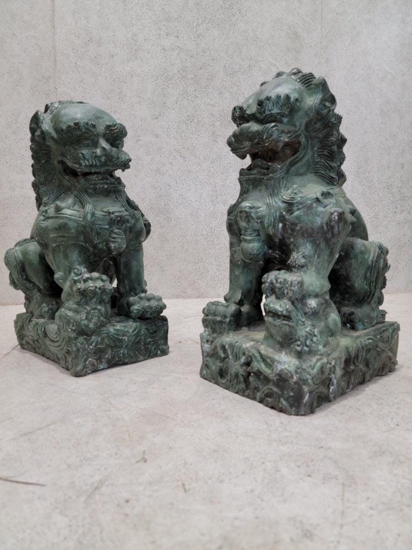 Antique Fengshui Chinese Bronze Guardian Lion Foo Dog Statue Sculpture - Pair - 10