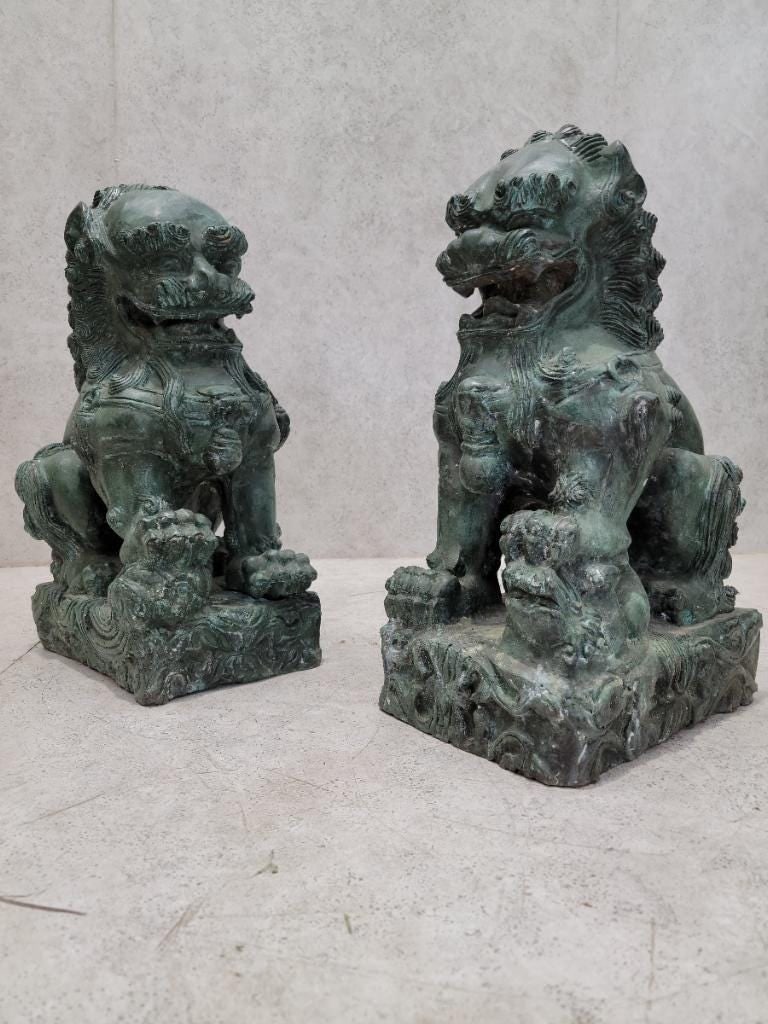 Antique Fengshui Chinese Bronze Guardian Lion Foo Dog Statue Sculpture - Pair - 2
