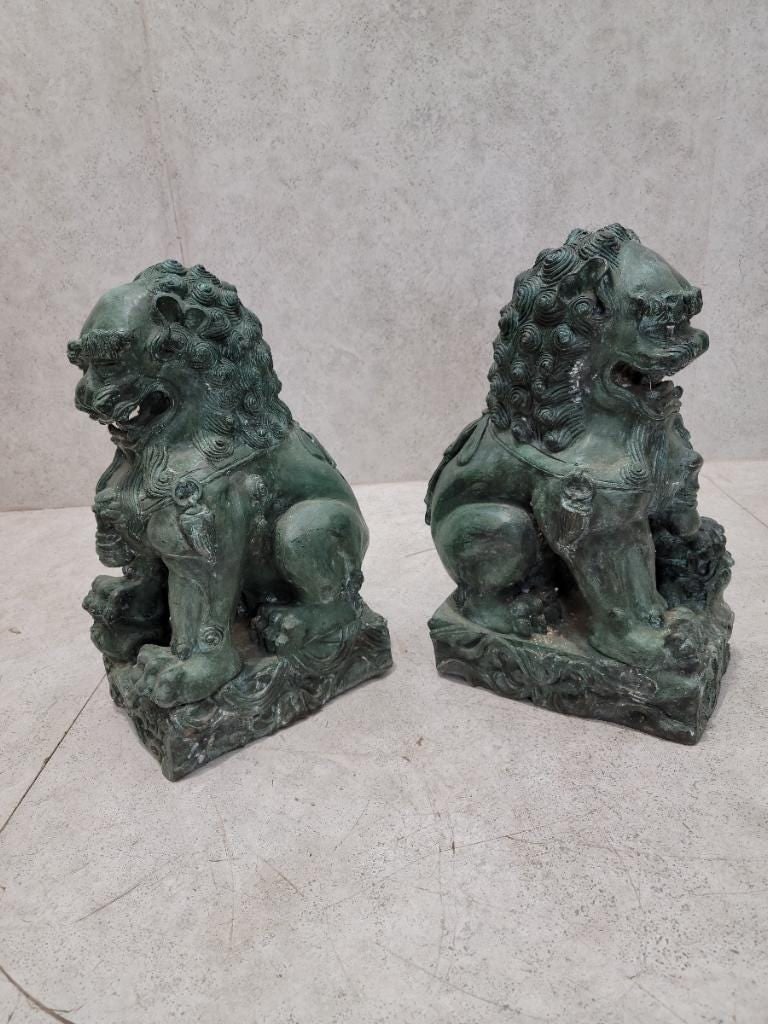 Antique Fengshui Chinese Bronze Guardian Lion Foo Dog Statue Sculpture - Pair - 3