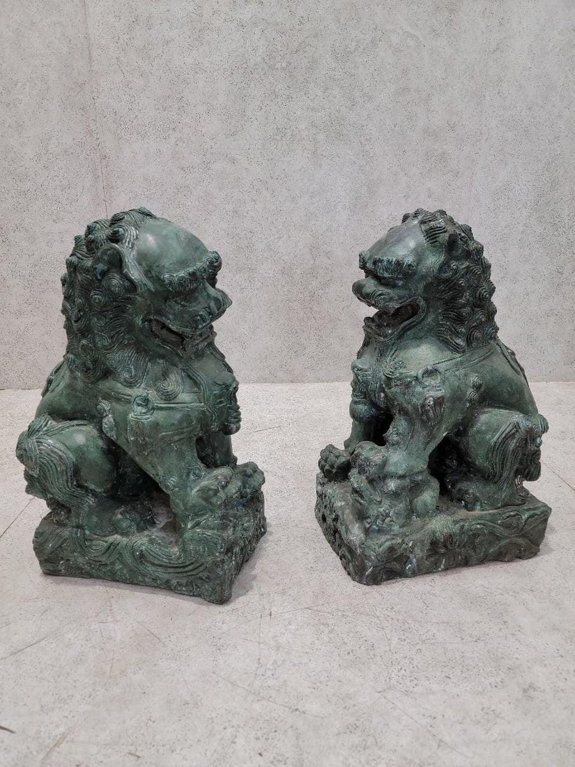 Antique Fengshui Chinese Bronze Guardian Lion Foo Dog Statue Sculpture - Pair - 6