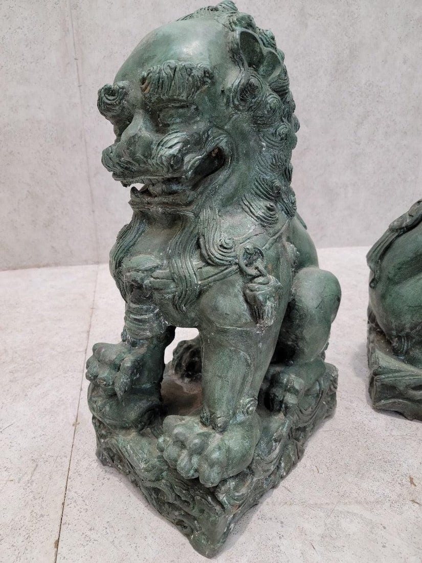 Antique Fengshui Chinese Bronze Guardian Lion Foo Dog Statue Sculpture - Pair - 7