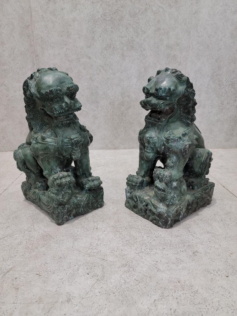 Antique Fengshui Chinese Bronze Guardian Lion Foo Dog Statue Sculpture - Pair - 8