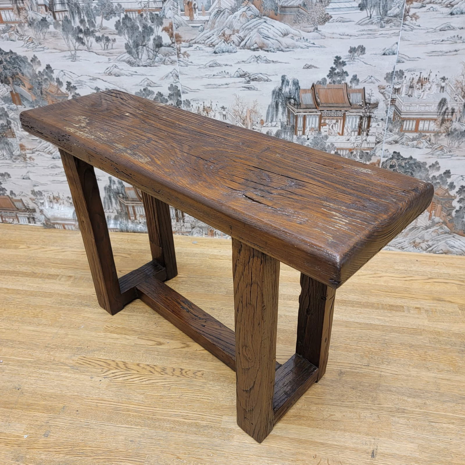 Antique Shanxi Province Elm Bench: Title: Antique Shanxi Province Elm Bench Description: Materials: wood, patina Width: 31.5 inches Height: 20 inches Depth: 9.5 inches Antique Shanxi Province Natural Color and Patina Elm Bench This sma