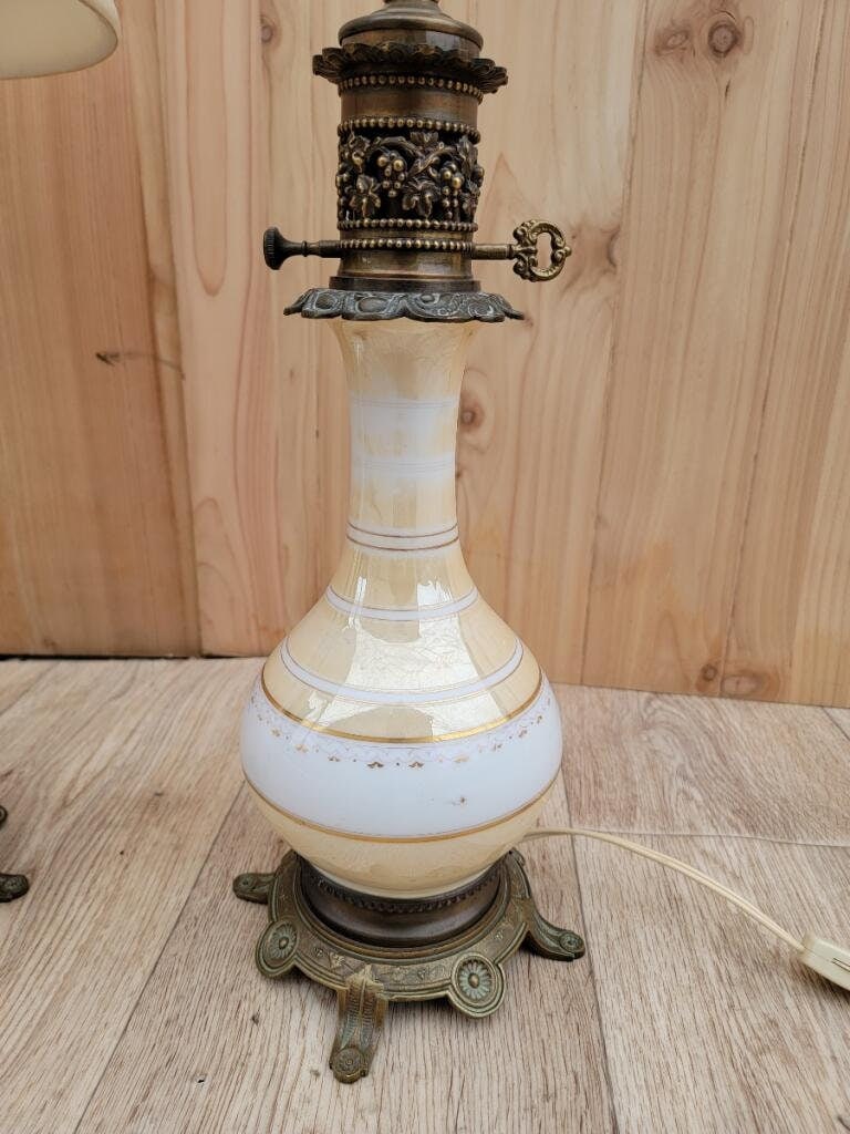 Antique French Napoleon III Style Celadon Glazed Ceramic and Brass Electric Table Lamps - Pair - 5