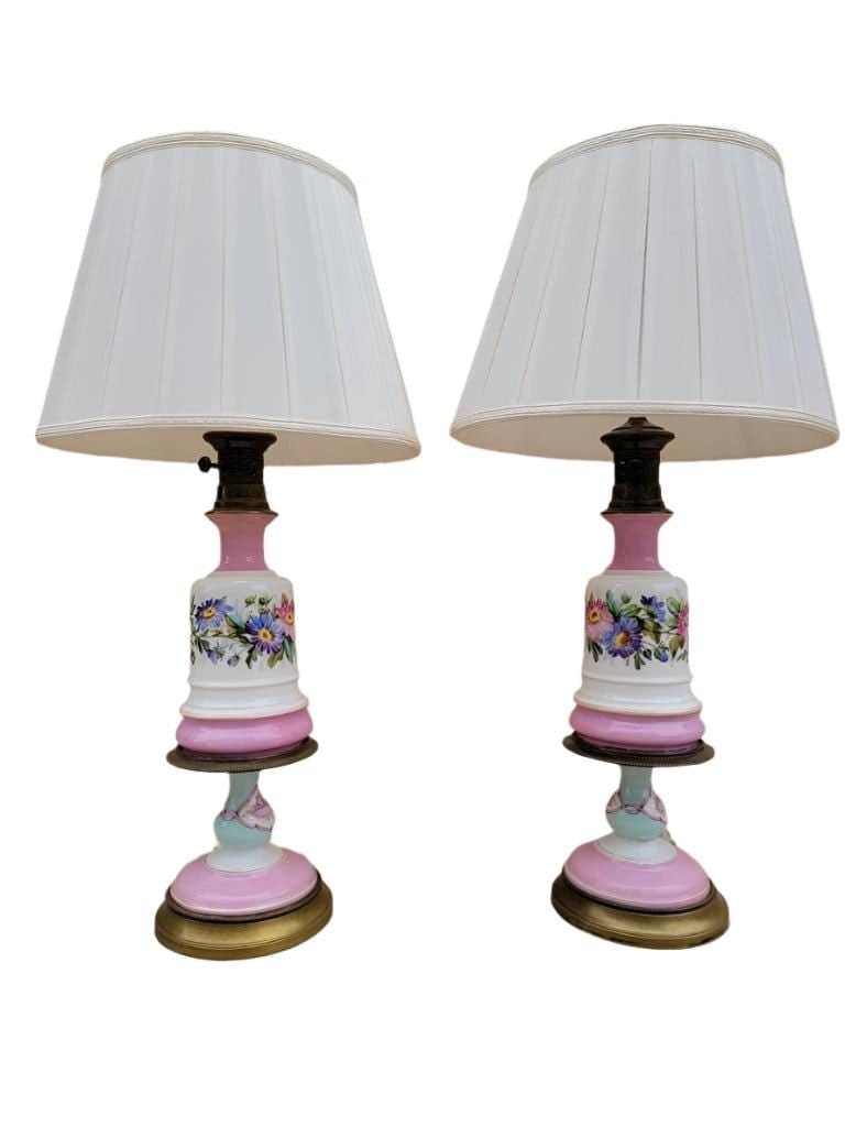 Antique French Provincial Brass Porcelain Electrified Oil Table Lamp - Pair - 2