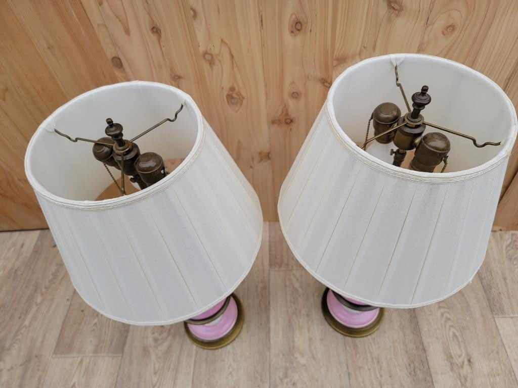 Antique French Provincial Brass Porcelain Electrified Oil Table Lamp - Pair - 3