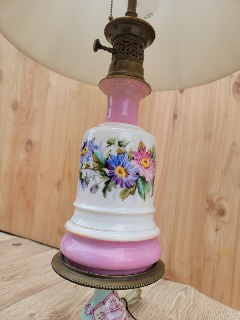 Antique French Provincial Brass Porcelain Electrified Oil Table Lamp - Pair - 5