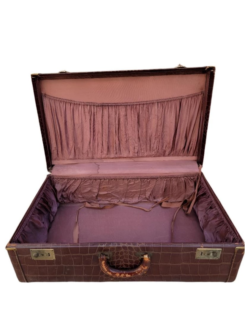 Art Deco Brown Alligator Embossed Leather Suitcase - 3