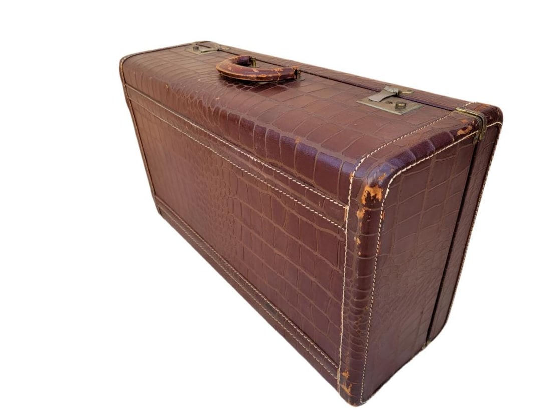 Art Deco Brown Alligator Embossed Leather Suitcase - 4