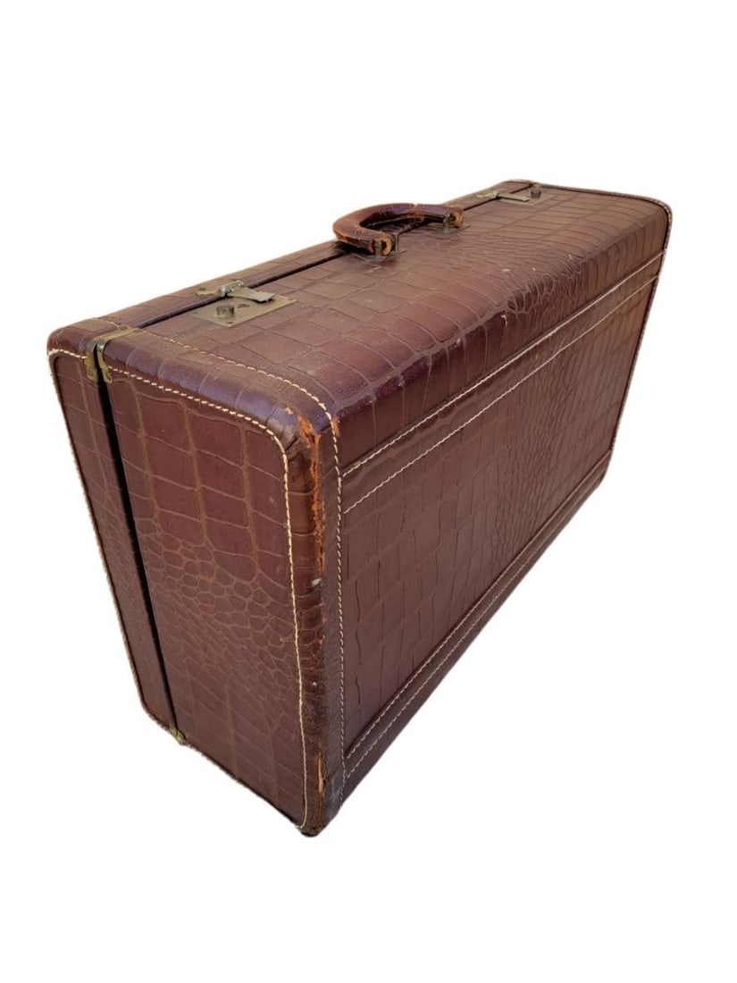 Art Deco Brown Alligator Embossed Leather Suitcase - 5