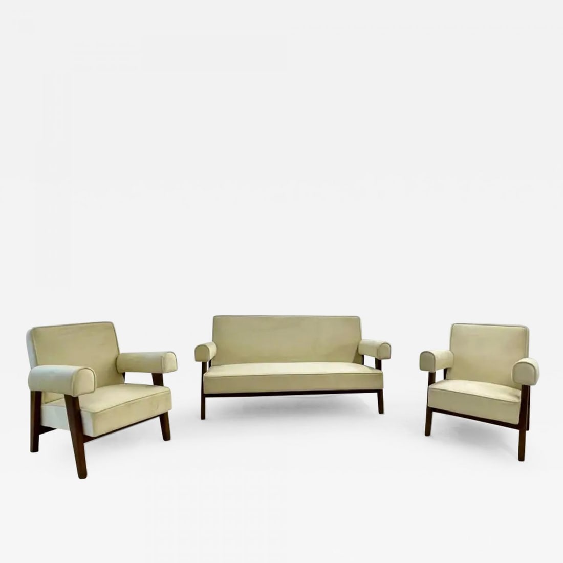 Authentic Pierre Jeanneret Upholstered Bridge Sofa/Chair Set, Mid-Century Modern: Title: Authentic Pierre Jeanneret Upholstered Bridge Sofa/Chair Set, Mid-Century Modern Description: Authentic Pierre Jeanneret upholstered bridge sofa/chair set, Mid-Century Modern, Model PJ-SI-42-B