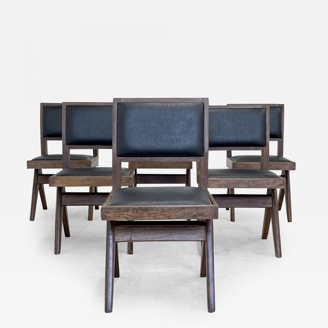 Set Six Authentic Upholstered Armless Dining / Side Chairs, Mid-Century Modern: Title: Set Six Authentic Upholstered Armless Dining / Side Chairs, Mid-Century Modern Description: Pierre Jeanneret Armless Upholstered Dining Chairs, Model PJ-SI-25-E Rare set of six upholstered dini