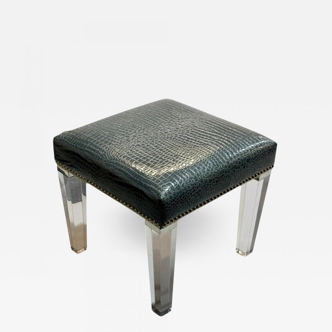 Contemporary, Modern Footstool, Chrome, Acrylic, Faux Snakeskin, 2010s: Title: Contemporary, Modern Footstool, Chrome, Acrylic, Faux Snakeskin, 2010s Description: Contemporary, Modern Footstool or Ottoman, Chrome, Acrylic, Faux Snakeskin, 2010s Retails for $1,890. Faux sn