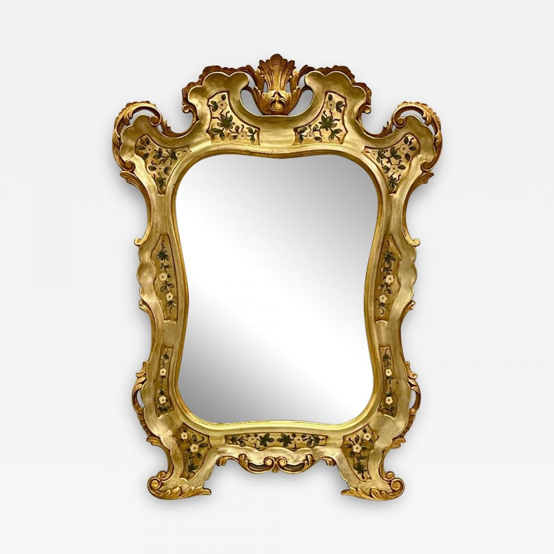 Gold Leaf Paint Decorated Shell Form Wall or Console Mirror: Title: Gold Leaf Paint Decorated Shell Form Wall or Console Mirror Description: A gold leaf paint decorated shell form mirror depicting a floral scene. More Information: Period: 1980-1999 Condition: G