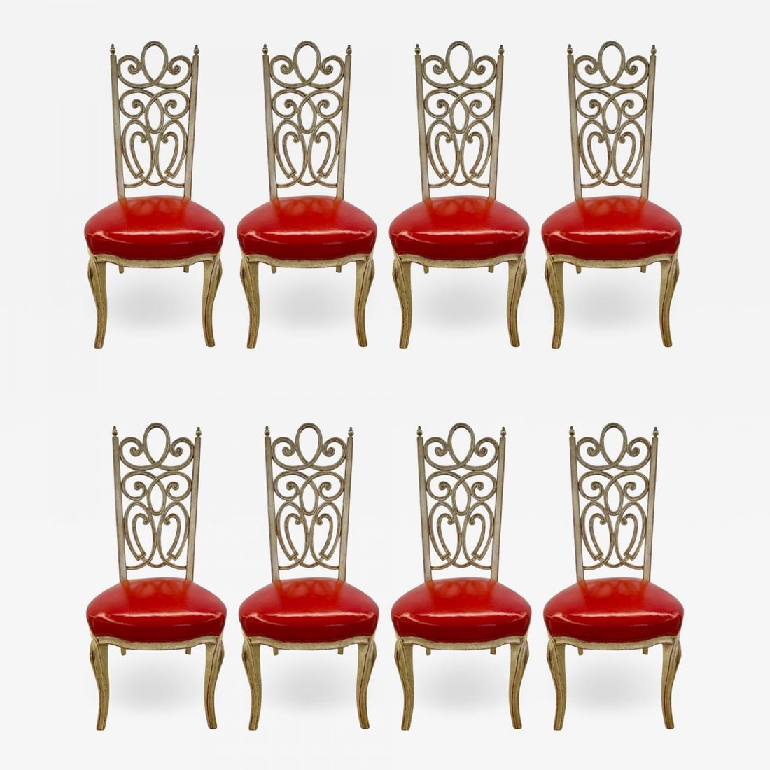 Set of Eight Hollywood Regency Style Louis Pistono Distressed Dining Chairs: Title: Set of Eight Hollywood Regency Style Louis Pistono Distressed Dining Chairs Description: A fine set of eight Louis Pistono white distressed dining chairs. Each having a carved ribbon back with