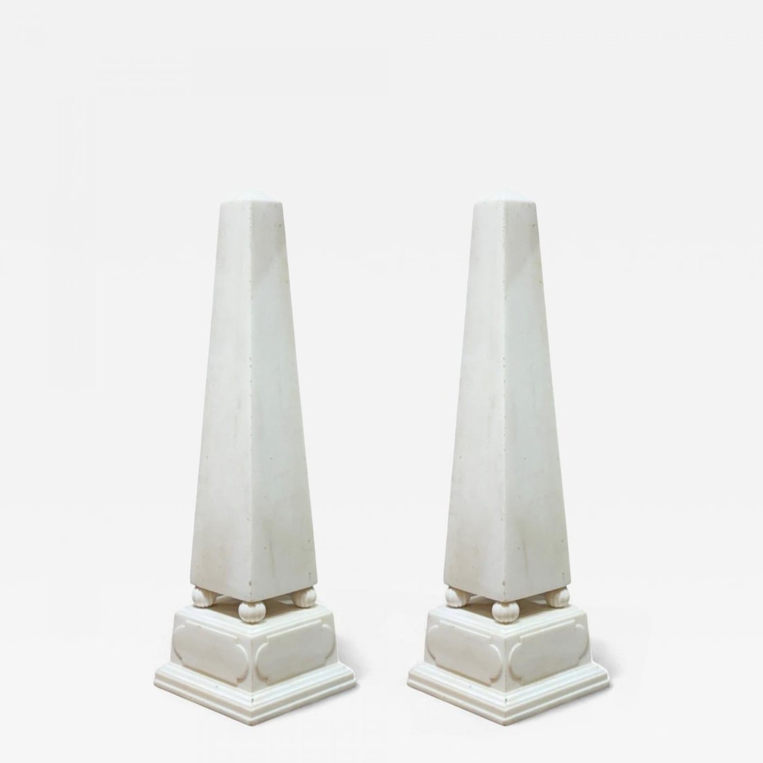 Neoclassical, White Marble, Obelisks on Pedestals, France, 1920s: Title: Neoclassical, White Marble, Obelisks on Pedestals, France, 1920s Description: Neoclassical, White Marble, Obelisks on Pedestals, France, 1920s Pair of Palatial antique 19th-20th century solid m