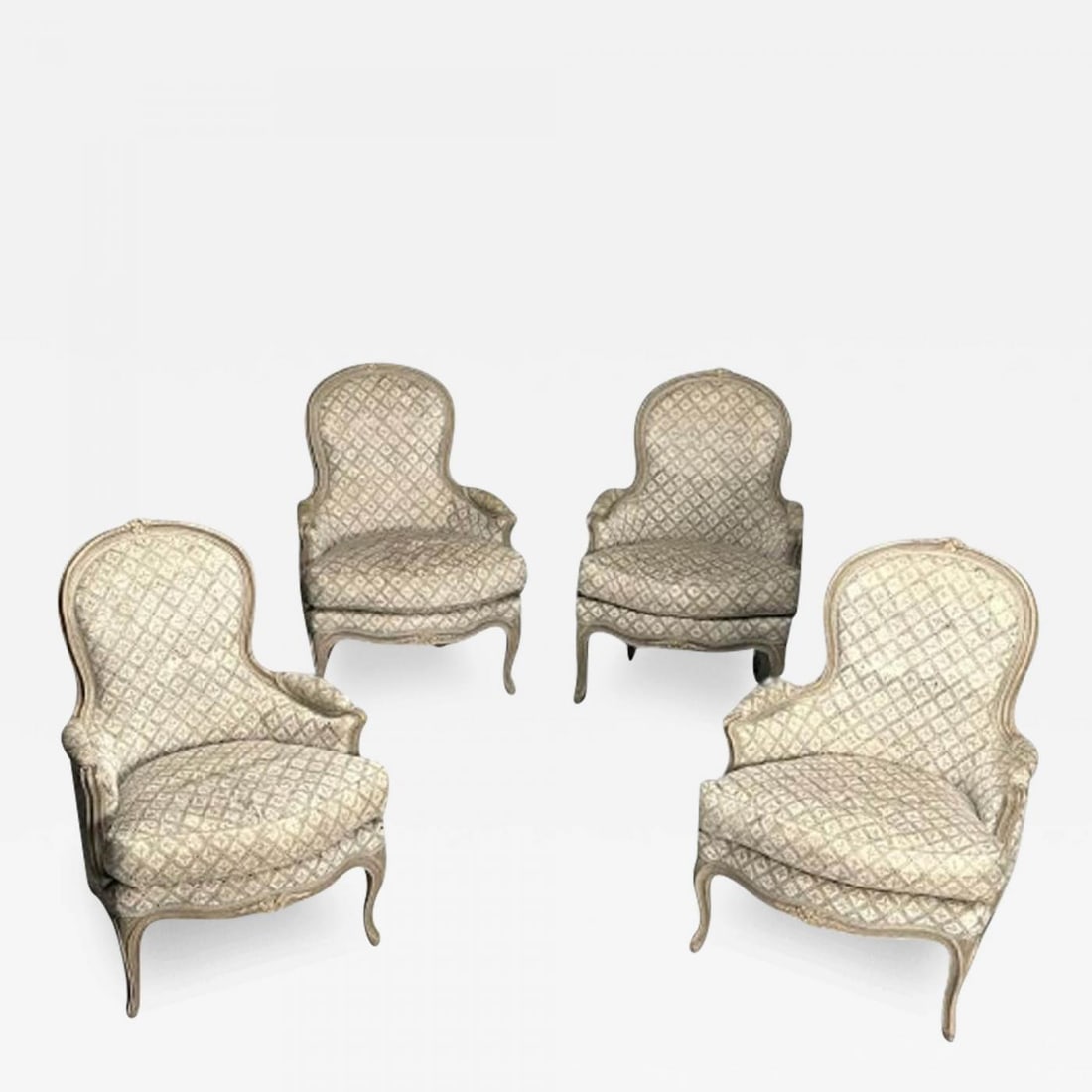 Louis XV Style, Bergère Chairs, Grey Painted Wood, Fabric, France, 1970s: Title: Louis XV Style, Bergère Chairs, Grey Painted Wood, Fabric, France, 1970s Description: Louis XV Style, Arm / Bergere Chairs, Grey Painted Wood, Fabric, France Set of Four Arm Chairs, two ea