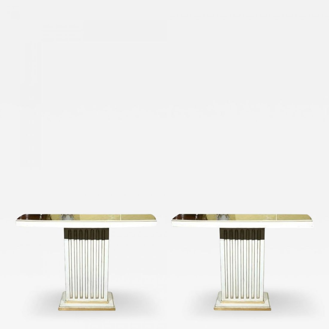 Pair Maison Jansen Painted and Eglomise Emerald Green Glass Top Console Tables: Title: Pair Maison Jansen Painted and Eglomise Emerald Green Glass Top Console Tables Description: A fabulous pair of console tables, circa 1950s, stamped Jansen, the verre églomisé glass at