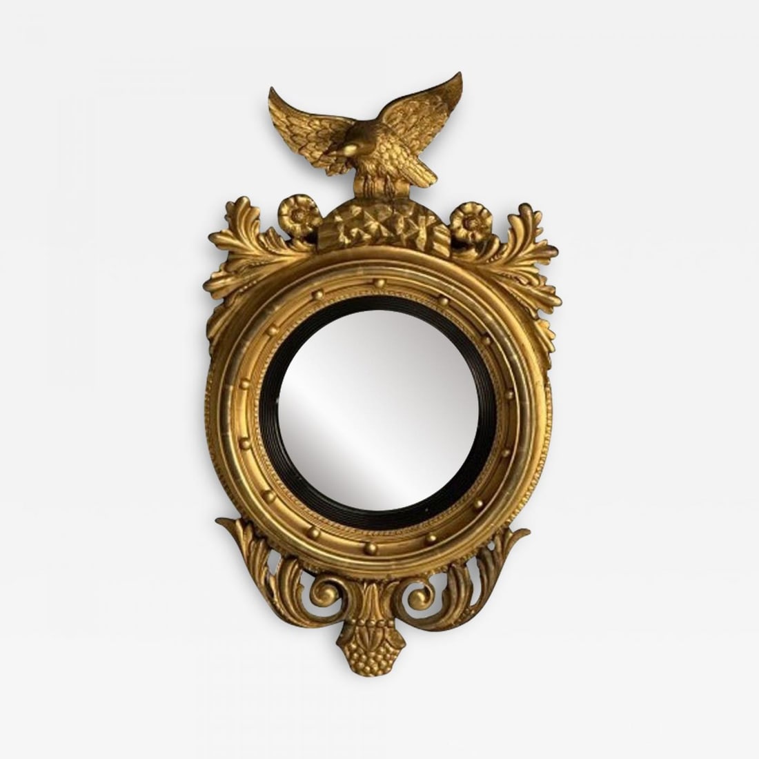 Regency, Circular Convex Wall Mirror, Giltwood, Eagle Motif, USA, 1950s: Title: Regency, Circular Convex Wall Mirror, Giltwood, Eagle Motif, USA, 1950s Description: Regency, Circular Convex Wall Mirror, Giltwood, Eagle Motif, USA, 1950s Finely carved giltwood circular conv