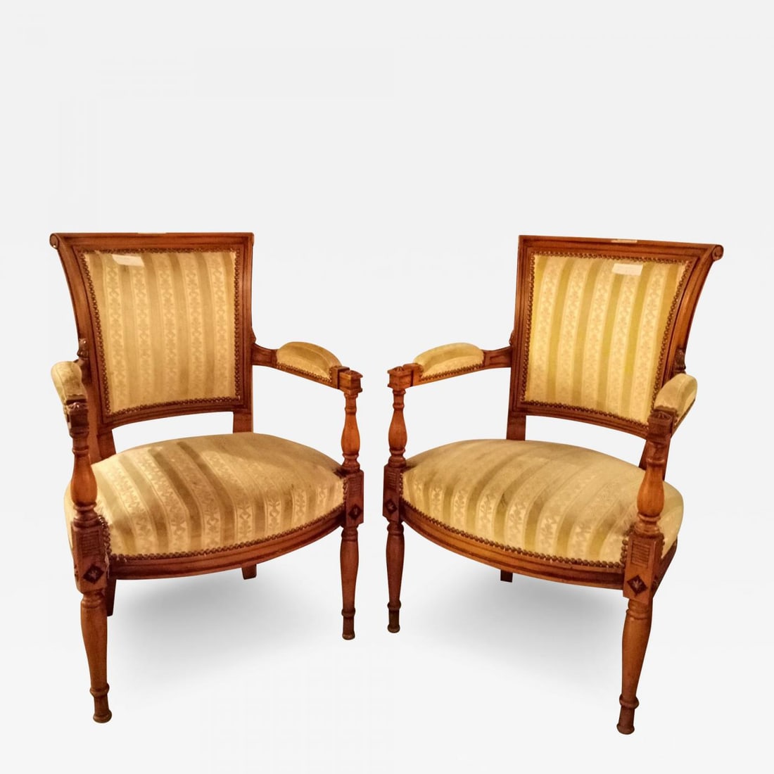 Pair of Louis XVI Style Armchairs Manner of Jansen: Title: Pair of Louis XVI Style Armchairs Manner of Jansen Description: Pair of Louis XVI Style Armchairs manner of Jansen. More Information: Period: 1920-1949 Condition: Fabric is dirty and needs to b