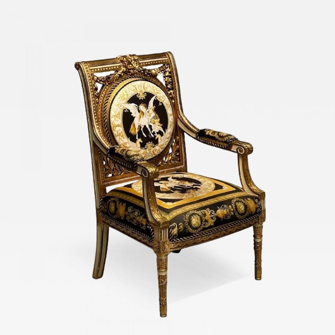 Louis XVI, French Arm Chair, Versace Fabric, Giltwood, France, 1960s: Title: Louis XVI, French Arm Chair, Versace Fabric, Giltwood, France, 1960s Description: Louis XVI, French Arm Chair, Versace Fabric, Giltwood, France, 1960s A Louis XVI style armchair designed and pr