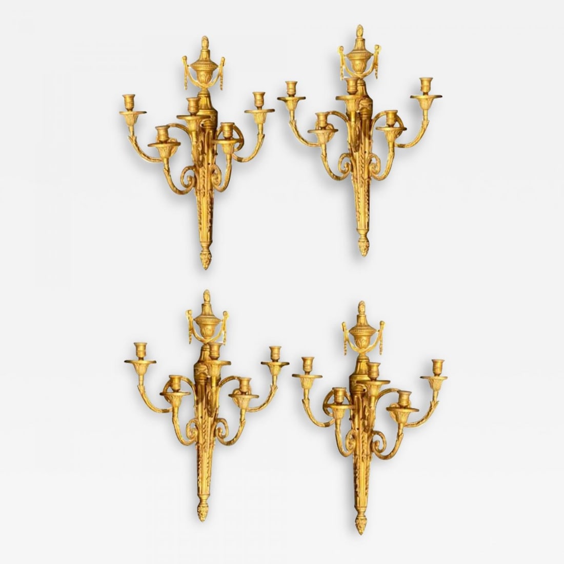 Pair of Adams Style Five Arm Tassel Decorated Dore Bronze Wall Candelabras: Title: Pair of Adams Style Five Arm Tassel Decorated Dore Bronze Wall Candelabras Description: Pair of Adams style five arm tassel decorated dore bronze wall candelabras. More Information: Period: 192