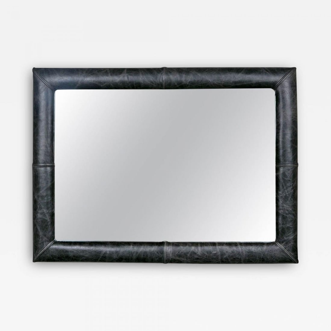 Mid-Century Wall Mirror Decorated Distressed Leather Upholstered Frame: Title: Mid-Century Wall Mirror Decorated Distressed Leather Upholstered Frame Description: The rectangular glass surmounted on a dark charcoal color distress leather upholstered frame. More Informatio