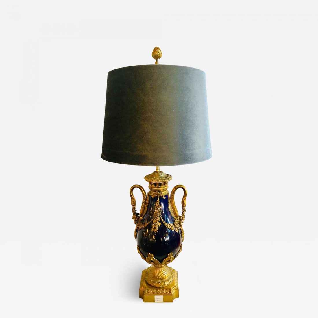 Sevres Style Cobalt Blue Porcelain & Bronze Swan Handle Urn Mounted as Lamp: Title: Sevres Style Cobalt Blue Porcelain & Bronze Swan Handle Urn Mounted as Lamp Description: Fine French Louis XVI Sèvres style cobalt blue porcelain and bronze swan handle urn mounted as a ta