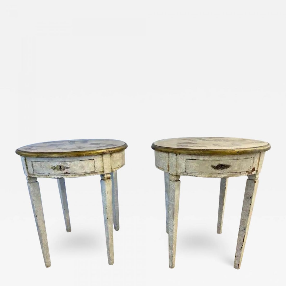 Gustavian Pair of End, Side Tables, Swedish Paint Decorated, Fornasetti Style: Title: Gustavian Pair of End, Side Tables, Swedish Paint Decorated, Fornasetti Style Description: 18th/19th Century Gustavian pair of end, side tables. The pair having been later hand pained in the Pi