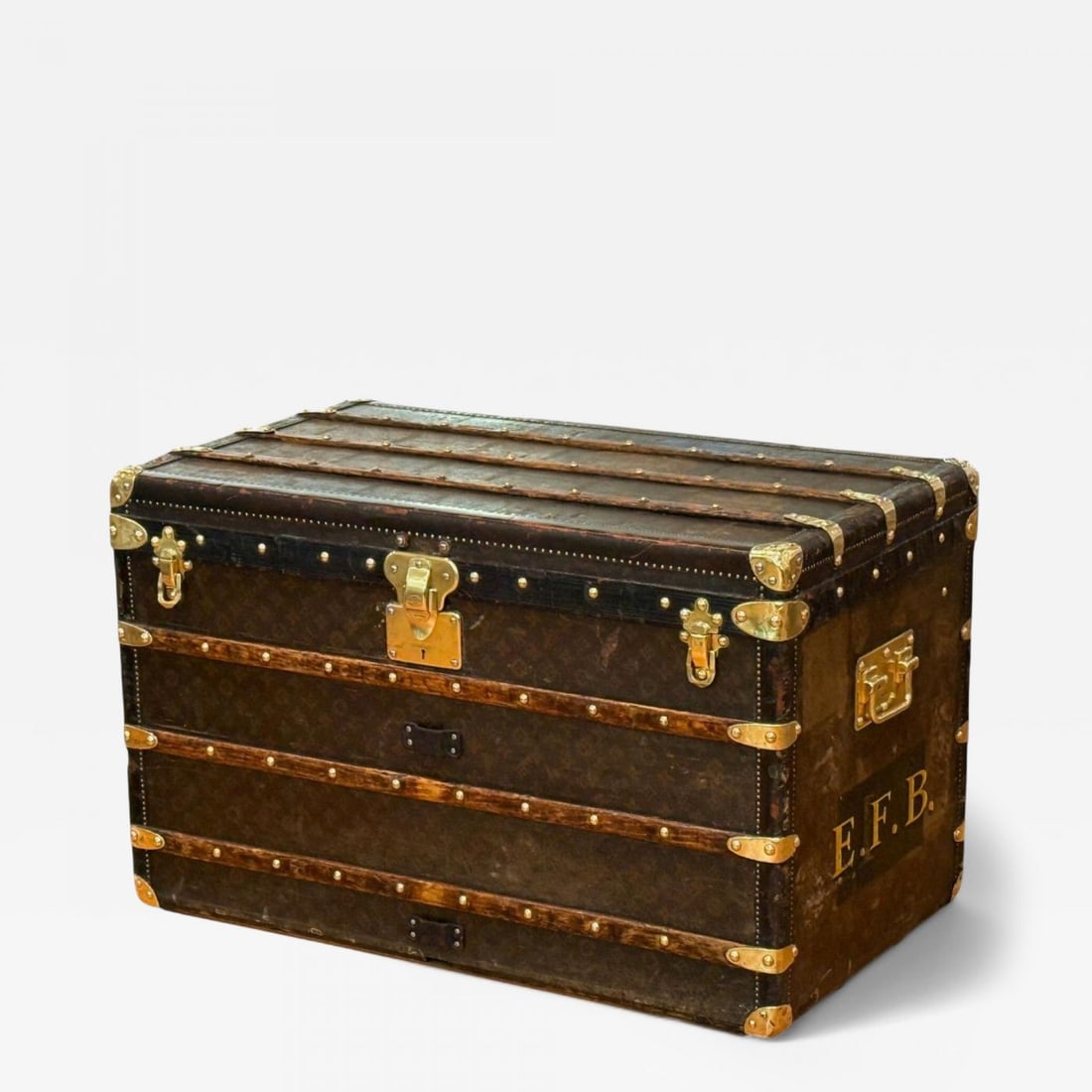 Louis Vuitton, Brown Leather, Monogram Canvas, Vintage Steamer Trunk, France: Title: Louis Vuitton, Brown Leather, Monogram Canvas, Vintage Steamer Trunk, France Description: Louis Vuitton, Steamer Trunk, Distressed Brown Leather, Monogram Canvas, France, Early 20th Century Lar