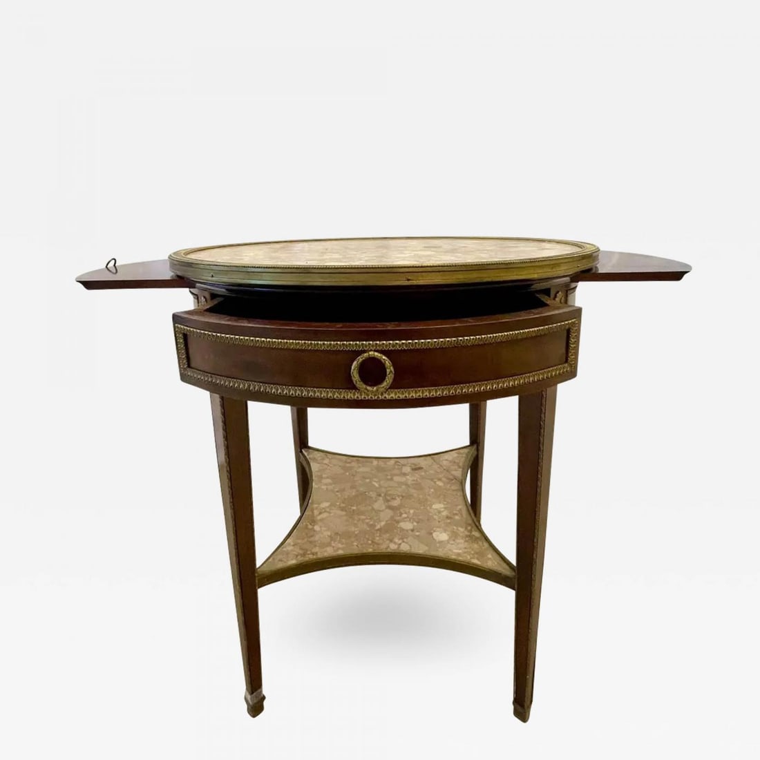 French Mahogany Louis XVI Style Marble Top Bouillotte Table, Bronze Mounted (1 of 13)