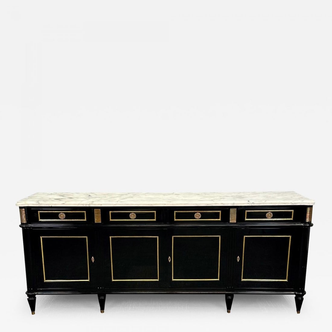 Hollywood Regency Style Black Lacquer Sideboard / Credenza , Maison Jansen Style: Title: Hollywood Regency Style Black Lacquer Sideboard / Credenza , Maison Jansen Style Description: Hollywood Regency Style Black Lacquer Sideboard / Credenza , Maison Jansen Style, Bronze, Marble A
