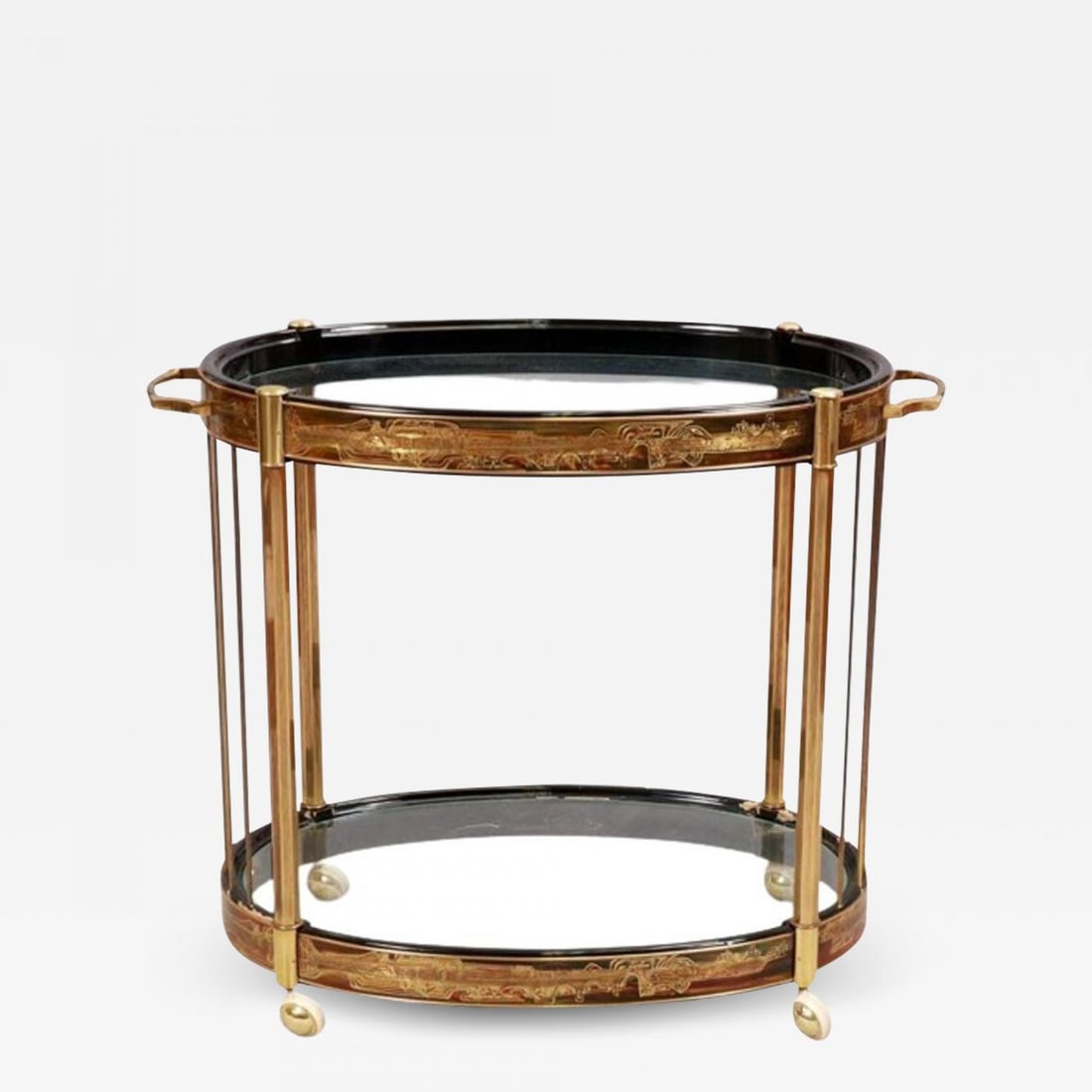 Mastercraft, Mid-Century Modern, Rolling Bar Cart, Etched Brass, Lacquer, 1960s: Title: Mastercraft, Mid-Century Modern, Rolling Bar Cart, Etched Brass, Lacquer, 1960s Description: Mastercraft, Mid-Century Modern, Rolling Bar Cart, Etched Brass, Lacquer, 1960s Mid-Century Modern m