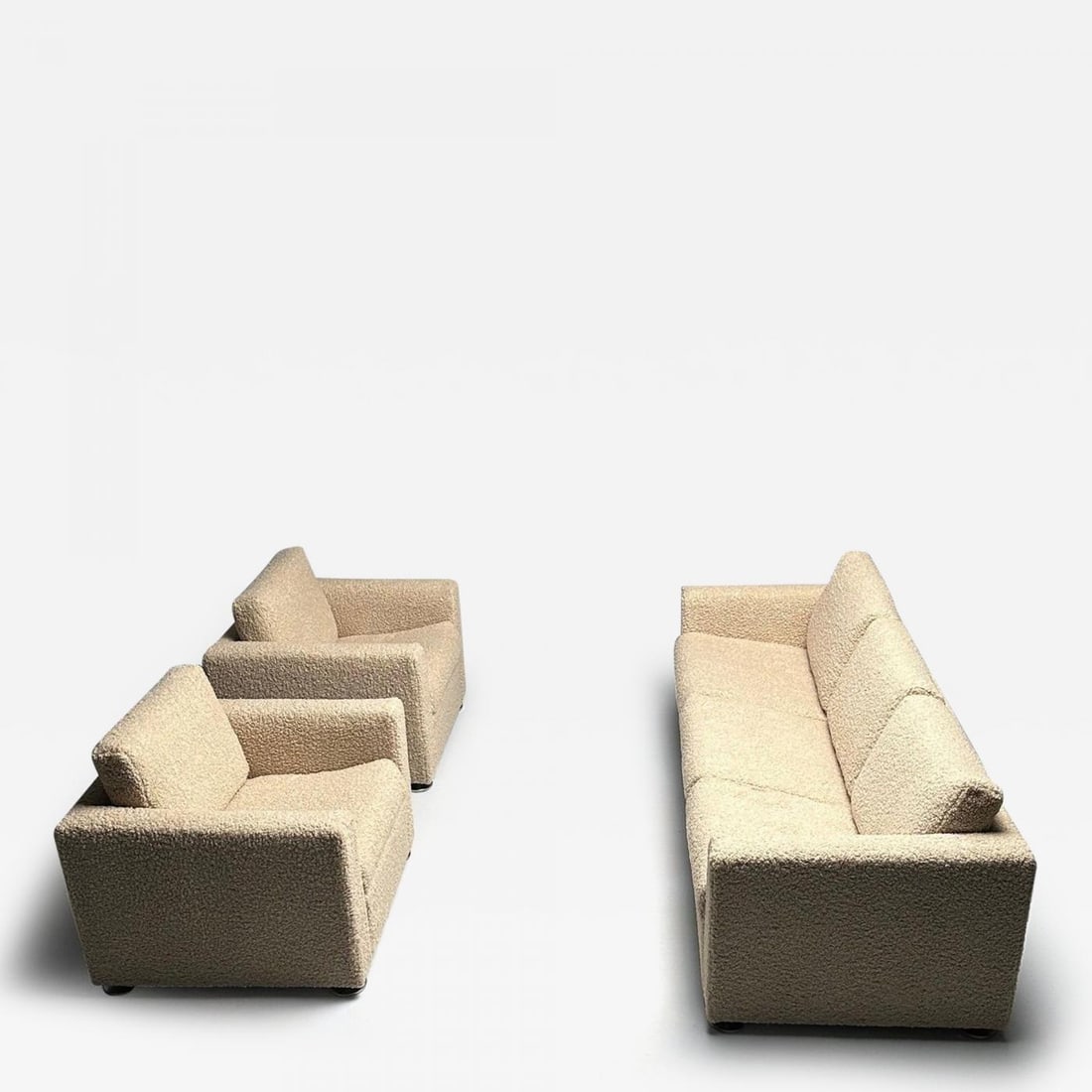 Stendig Living Room, Sofa, Pair of Cube Chairs, New Boucle, Switzerland, Labeled: Title: Stendig Living Room, Sofa, Pair of Cube Chairs, New Boucle, Switzerland, Labeled Description: Sofa & Pair Cube Chairs by Stendig, Switzerland, New Sheepskin Boucle, Mid Century Modern, Labeled.