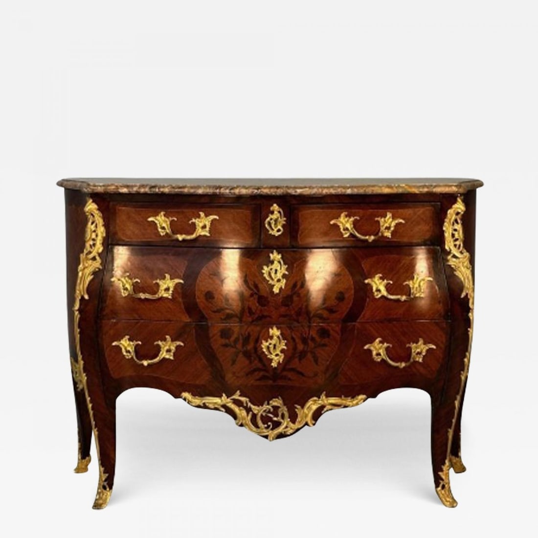 19th Century French Bombe Louis XV Style Marble Top Commode with Floral Inlays (1 of 13)