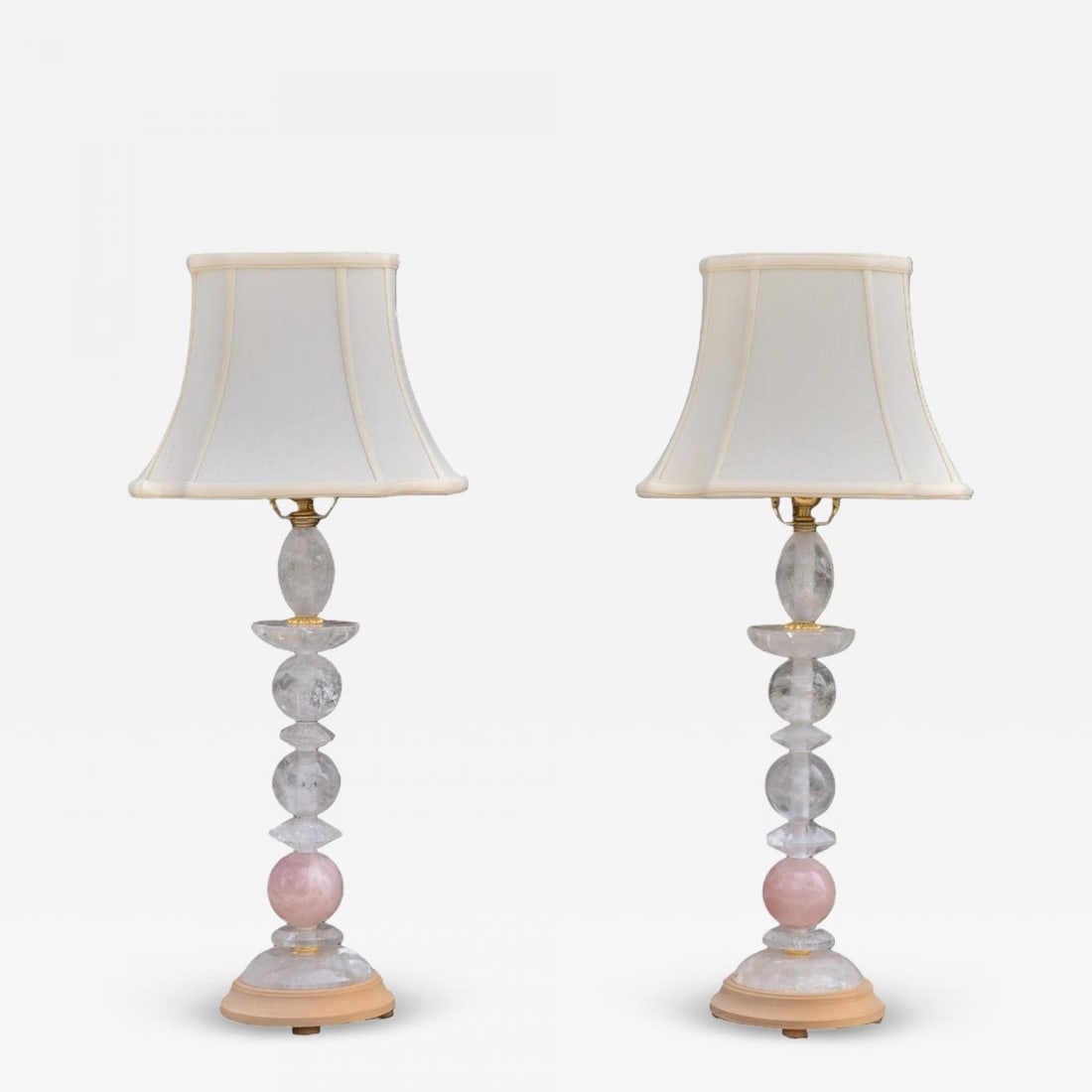 Art Deco Style, Pink Rock Crystal, Brass, Table Lamps, France, 1960s (1 of 9)
