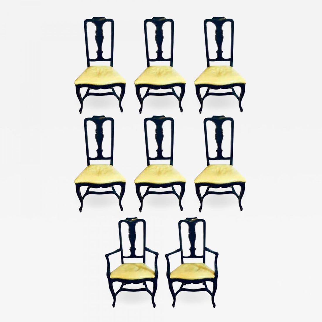 Set of Eight Queen Anne Style Ebonized and Gilt Decorated Dining Chairs: Title: Set of Eight Queen Anne Style Ebonized and Gilt Decorated Dining Chairs Description: Set of eight Queen Anne style ebonized and gilt decorated dining chairs. These sleek and stylish dining chai