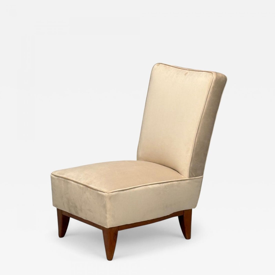Guglielmo Pecorini, Stained Wood, Beige Velvet, Low Lounge Chair, Italy, 1950s: Title: Guglielmo Pecorini, Stained Wood, Beige Velvet, Low Lounge Chair, Italy, 1950s Description: Guglielmo Pecorini, Stained Wood, Beige Velvet, Low Lounge Chair, Italy, 1950s A low lounge chair in