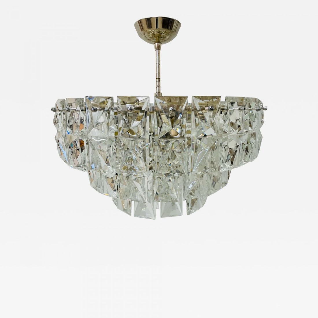 German Mid-Century Modern Four Tier Chandelier, Nickel / Brass, Geometric, 1970s: Title: German Mid-Century Modern Four Tier Chandelier, Nickel / Brass, Geometric, 1970s Description: German Mid-Century Modern Four Tier Chandelier, Nickel / Brass, Geometric, 1970s Very pretty four t