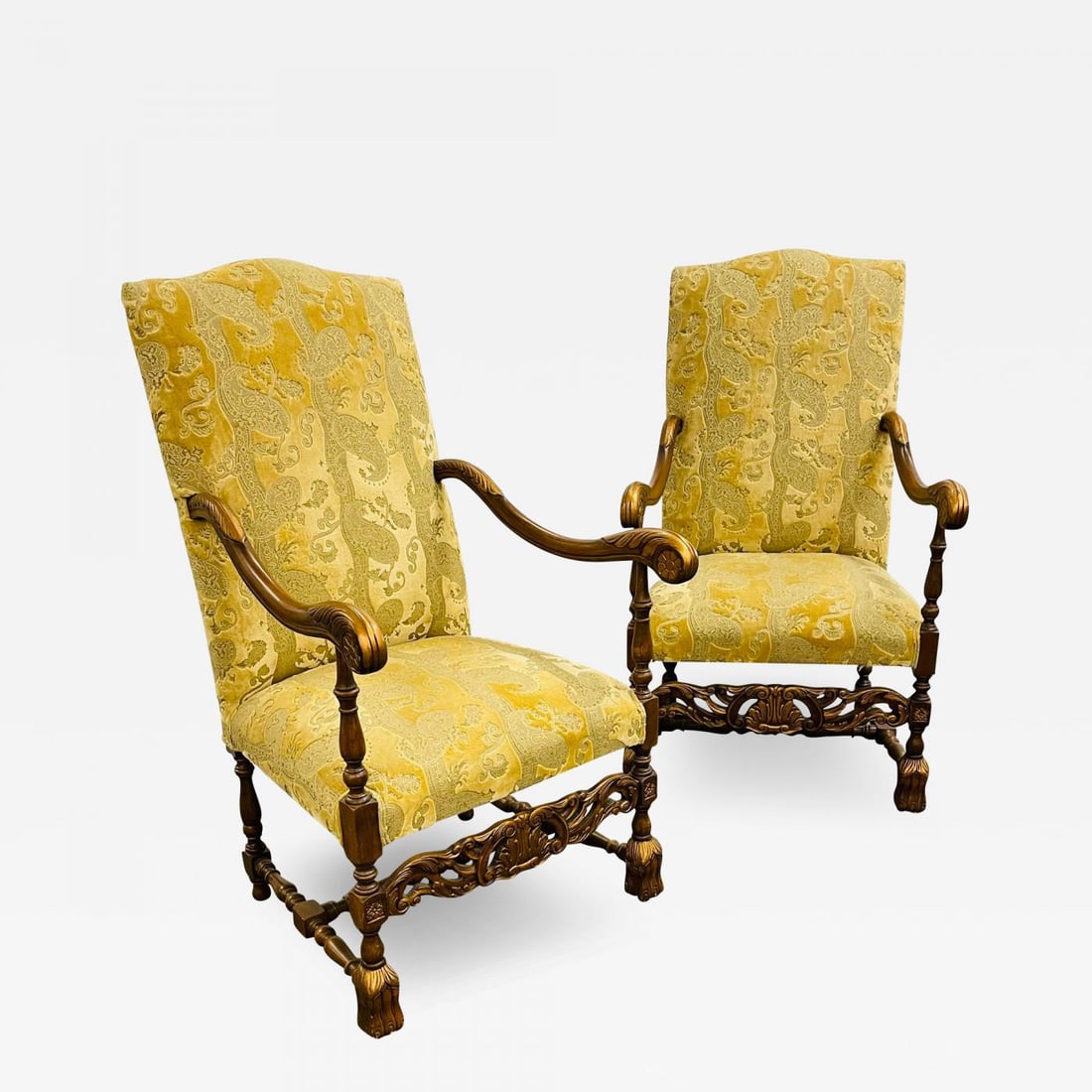 Pair of Throne Chairs, Fauteuils in Louis XIV Fashion, Fine Upholstery: Title: Pair of Throne Chairs, Fauteuils in Louis XIV Fashion, Fine Upholstery Description: Pair of Throne Chairs or Fauteuils each with an arched back and padded seat joined to open arms with parcel-g