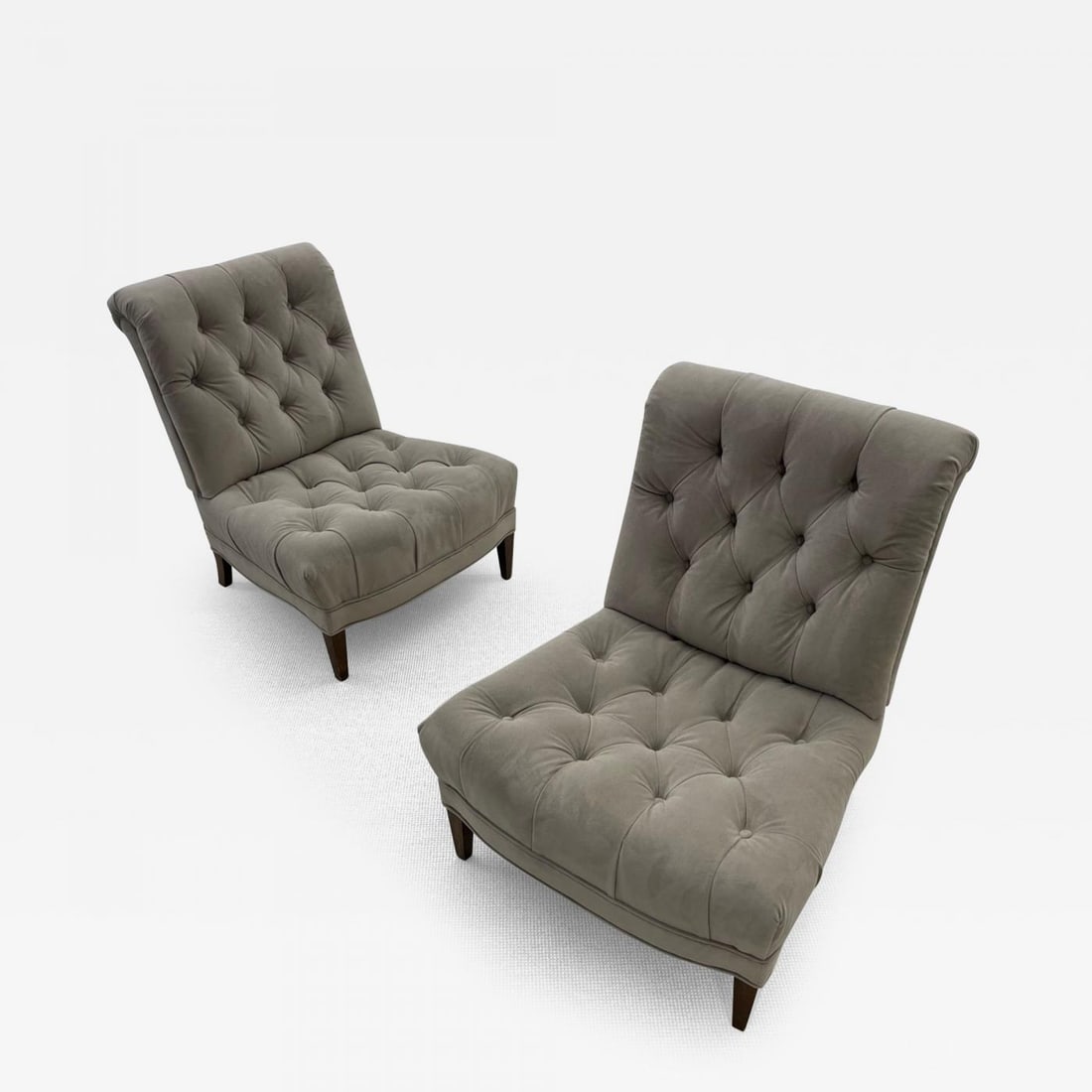 Pair Mid-Century Modern Slipper/Lounge Chairs, American Designer, Tufted, Suede: Title: Pair Mid-Century Modern Slipper/Lounge Chairs, American Designer, Tufted, Suede Description: Pair Mid-Century Modern Slipper/Lounge Chairs, American Designer, Tufted, Suede. Each mid century mo